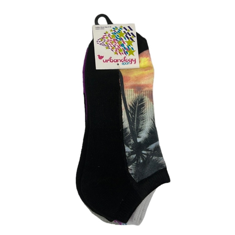 Urbanology Sport Ladies Socks Shoe Size 4-10 3 Pack Black Purple Tropical Stripe